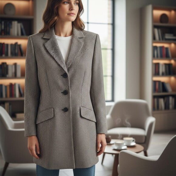Le Suit Womens Houndstooth Long Blazer Black & Beige SZ 10 - Picture 1 of 10